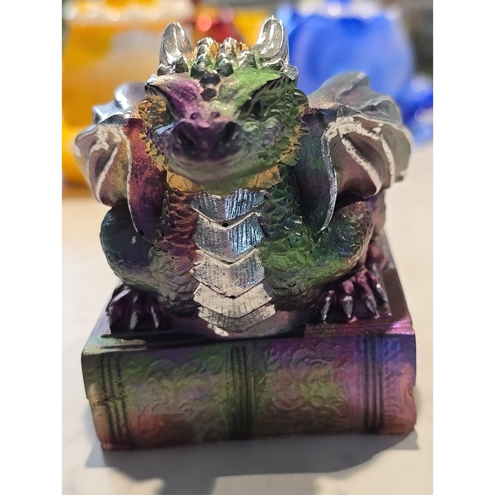 Resin‎ Handmade Dragon On A Book  Pencil Holder Multi Colored Decoration Gift...